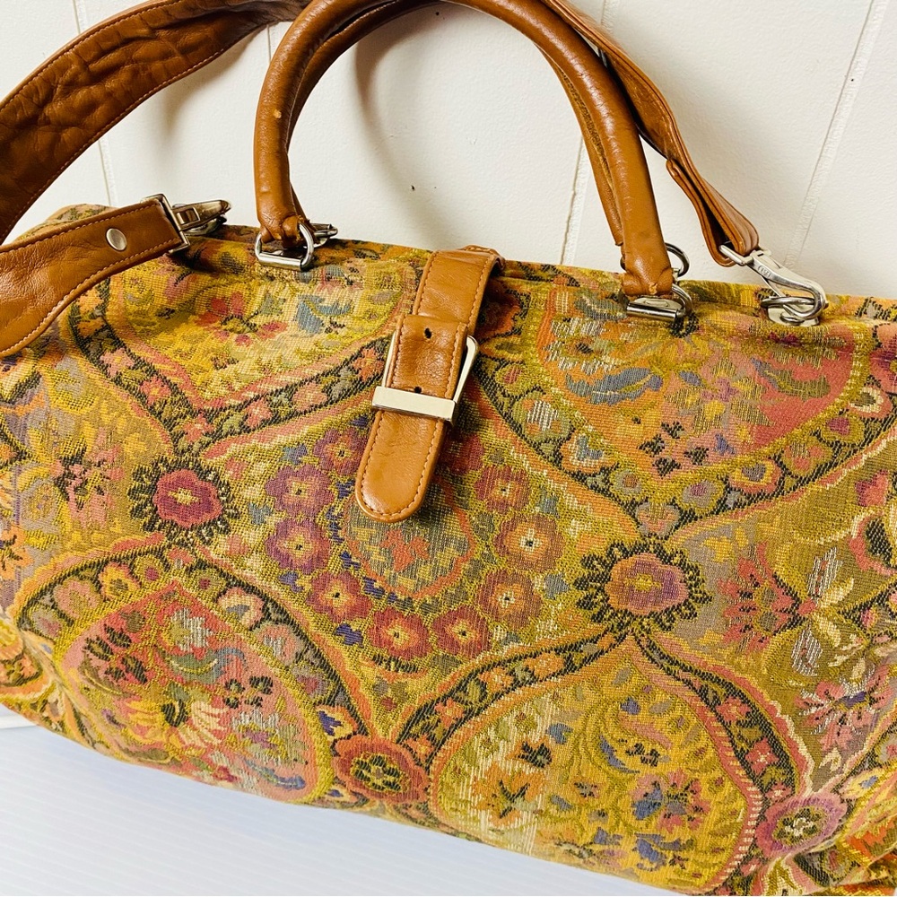 Vintage 1960s Meyers Mary Poppins Style Carpet Tapestry Bag with Leather Handles
